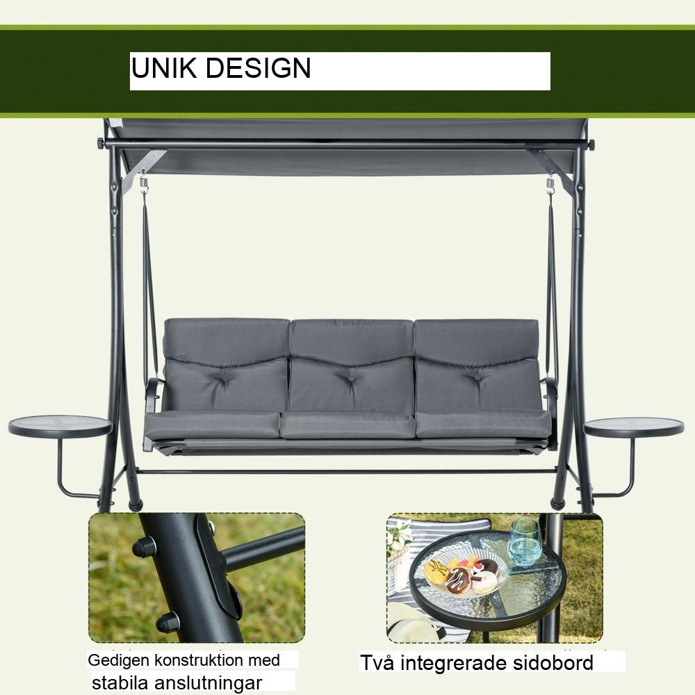 Justerbar baldakin 3-sits stål trädgårdsgunga med soffbord