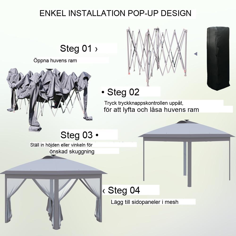 Paviljong Lusthus med LED-belysning, pop-up solskydd för trädgårdsfester