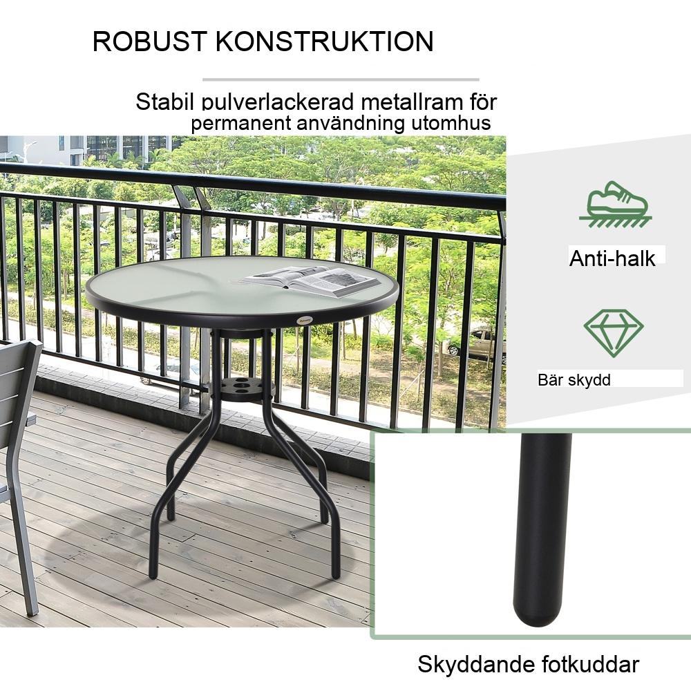 Stilrent bistrobord i svart metall och härdat glas med paraplyhål