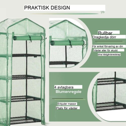 Grönt plastväxthus med hyllor för växter, 70x50x160cm Frostskydd Kallstomme Trädgårdsodlingshus