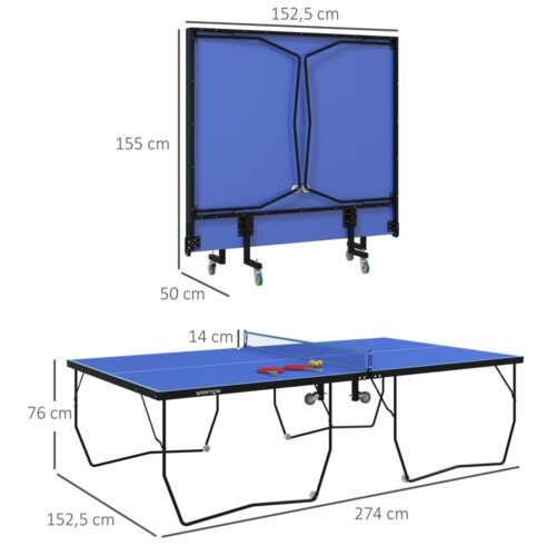 Stålblå hopfällbar utomhusbordtennisset med nät, hjul och tillbehör 274×152,5 cm