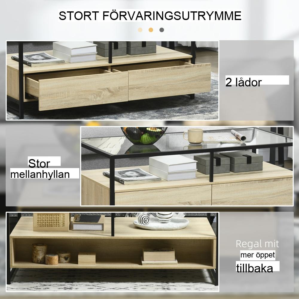 Modernt soffbord i ek och glas med förvaringslådor för vardagsrum