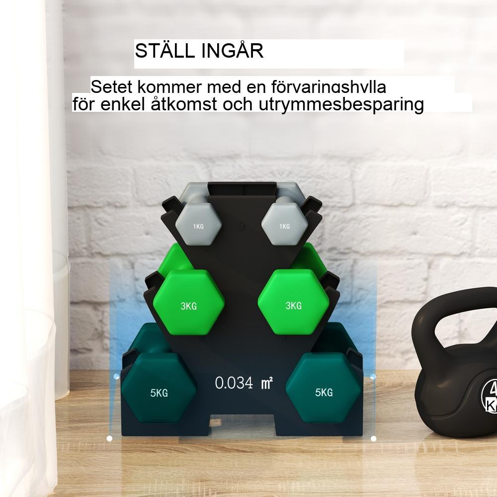 Hexagon hantelset med stativ – 6 vikter (1 kg, 3 kg, 5 kg) för hemmagym