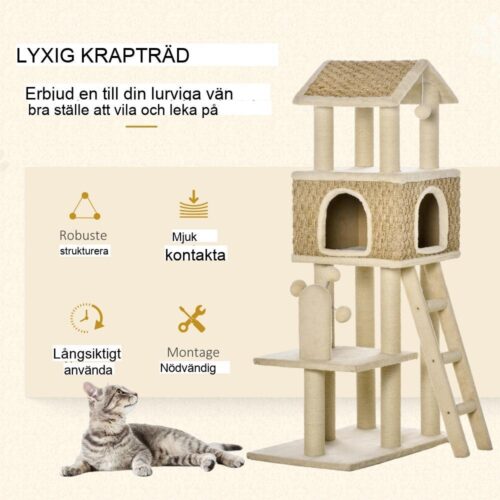 Kaki kattträd med skrapstolpar, grotta och lekbollar