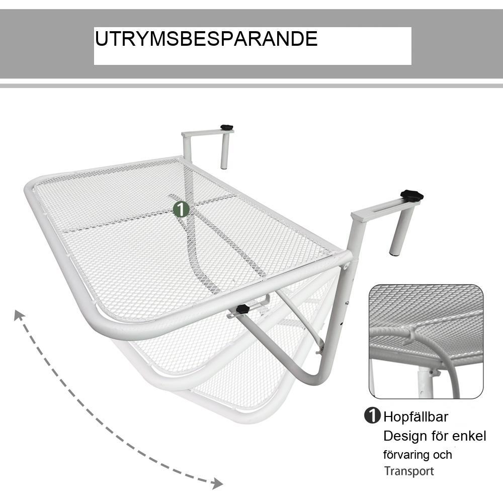 Vit Justerbart Hängande Balkongbord Metall 60×56,5cm för Trädgårdsterrass