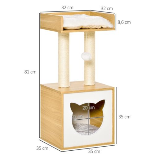 Modernt katttorn med grotta, kuddar och skrapstolpe – 35x35x81cm