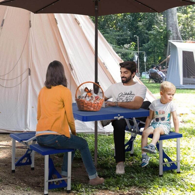 Fällbart campingbord i aluminium med 4 stolar, bärbart picknickset blå 135x85x66cm