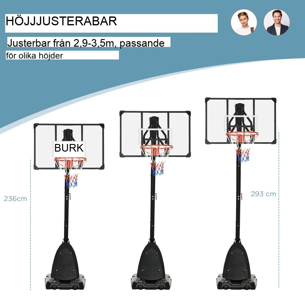 Justerbart basketställ med rullbar ryggbräda – 2,93 m till 2,36 m