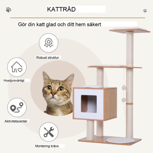 Kattträd i naturligt trä med sisal-krapstolpar och mysig plyschgrotta