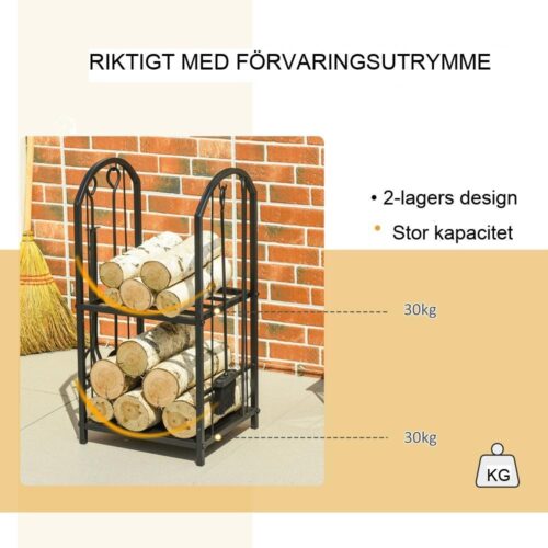 Vedställ med verktyg, 2-våningsdesign för uteplats, eldstad eller inomhusbruk