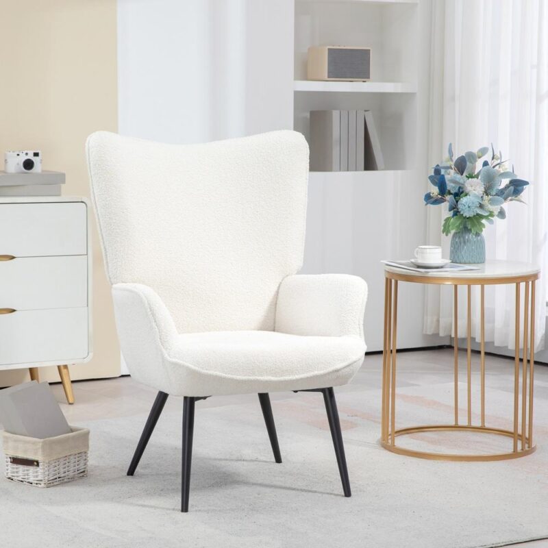 Krämvit Modern Wing Chair – Klädd vilstol med armstöd och metallben