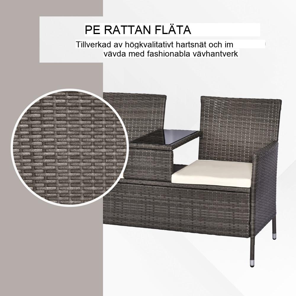 Grå polyrattan 2-sits trädgårdsbänk med bord och kuddar