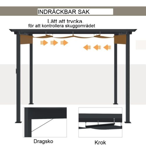 Grå aluminiumpergola med infällbart tak, 3x3m trädgårdslusthus