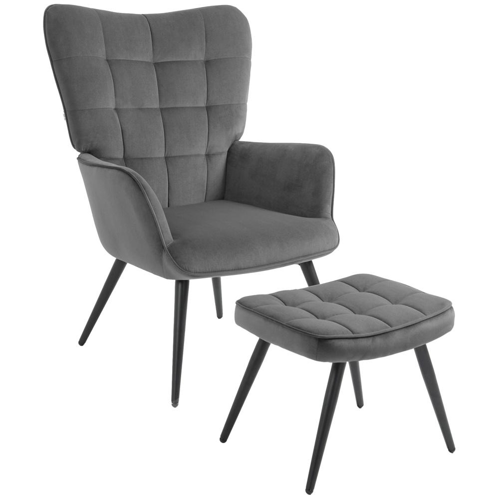 Dark Grey Velvet Wing Chair and Pall Set – Bekväm loungestol med fotstöd