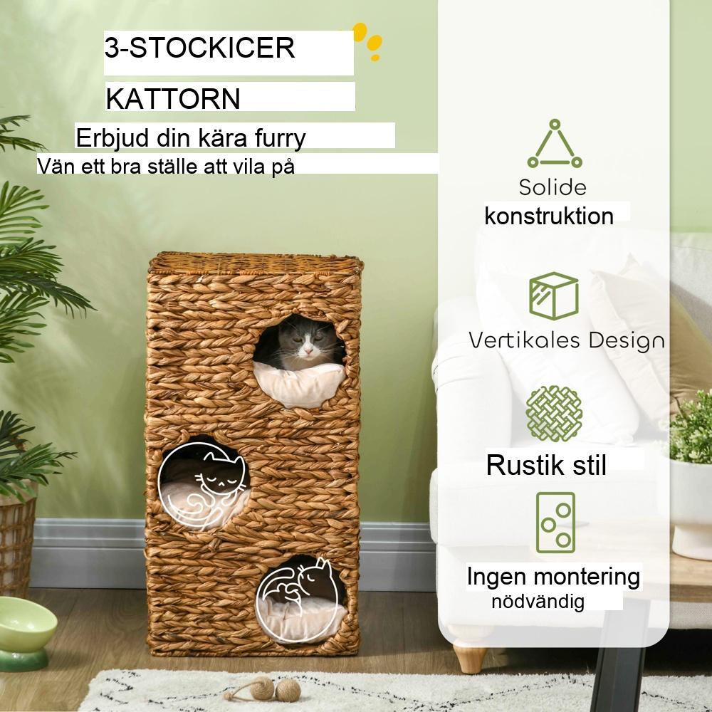 Vattenhyacinth Cat Scratching Tower med 3 grottor och kuddar