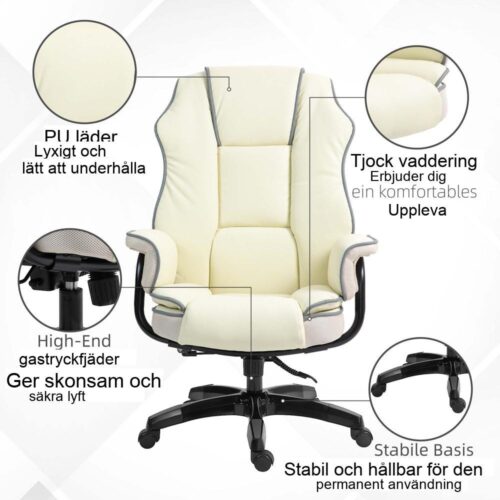 Ergonomisk kontorsstol med justerbart ryggstöd och liggfunktion – Cream