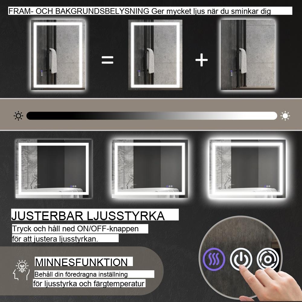 80x60cm badrumsspegel med 3 ljusfärger, pekbrytare och anti-dimma