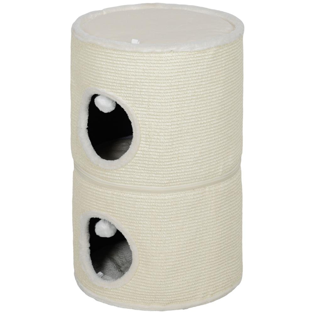 Creme White Cat Barrel Tower med 2 grottor, skrapstolpar och lekbollar (upp till 5 kg)