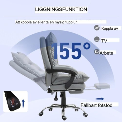 Ergonomisk liggande kontorsstol med fotstöd, höjdjusterbar, ljusgrå