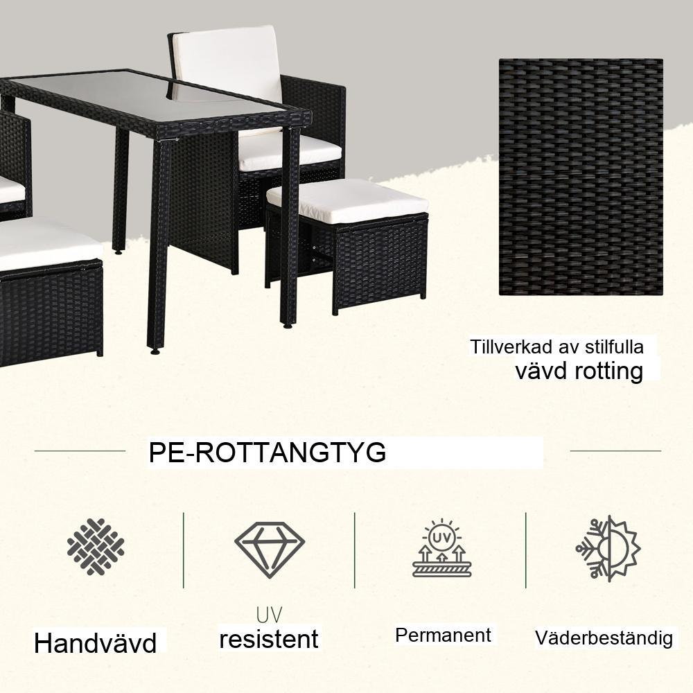 Svart matsalsset i 11 delar i polyrattan, väderbeständig och elegant utemöbler