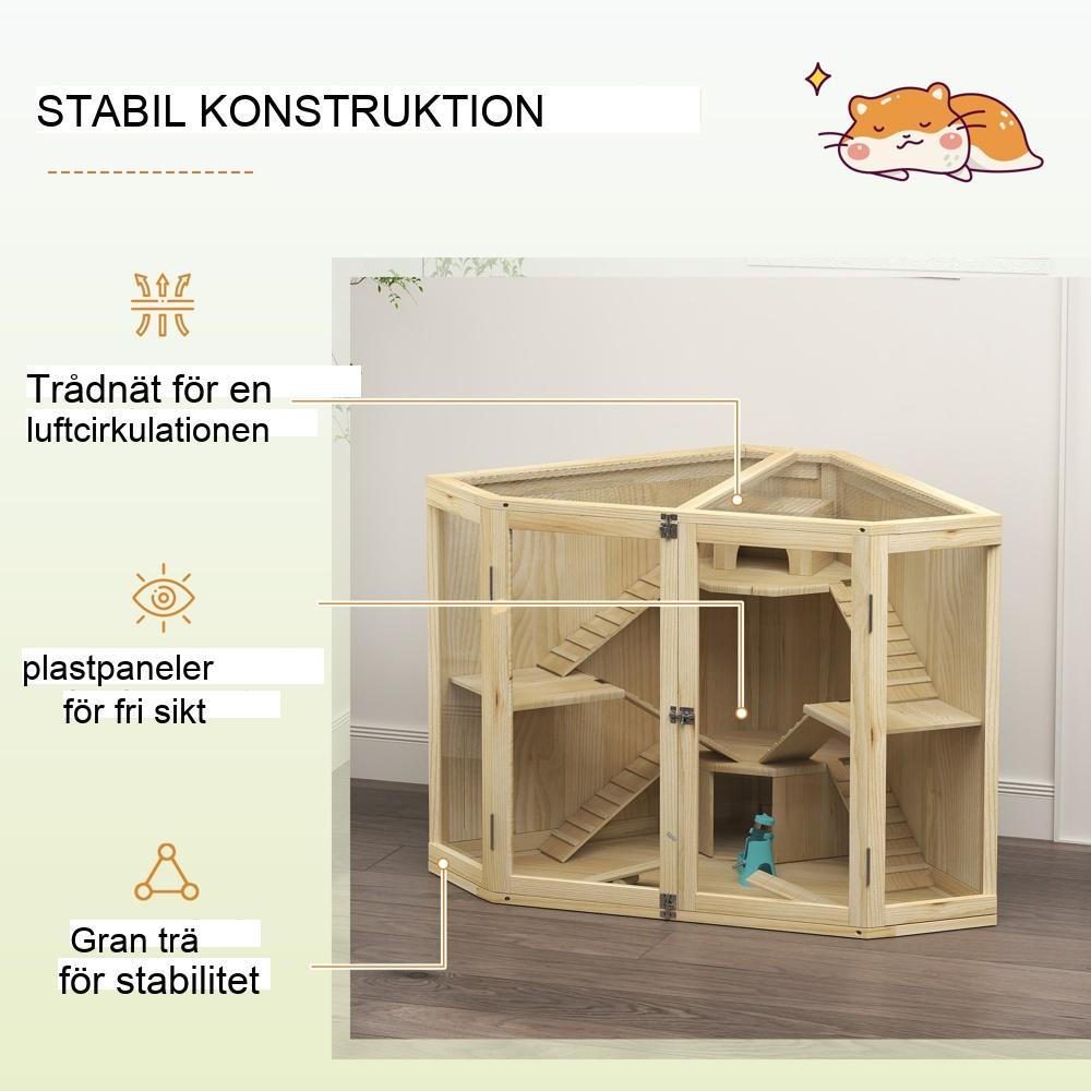 Hamsterbur i trä, 4-nivå livsmiljö med hyddor, gungbräda och ramp för dvärg- och syriska hamstrar