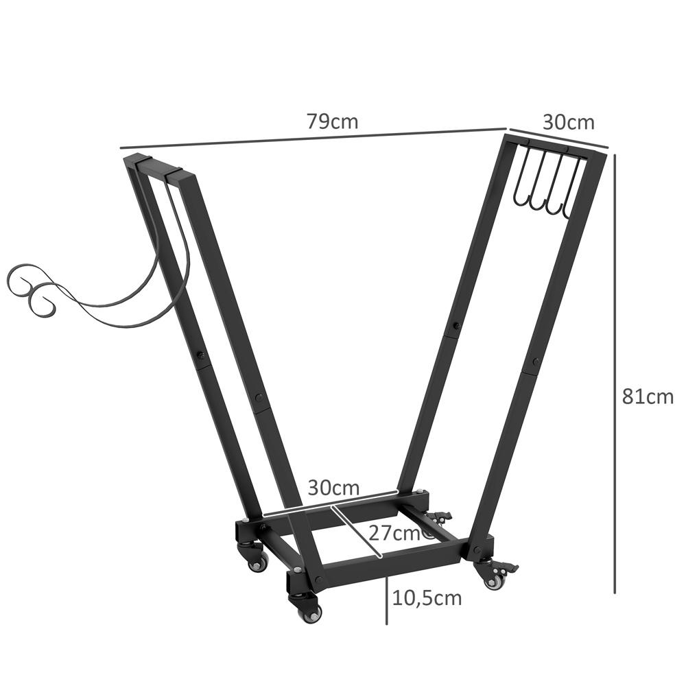 Trapetsformad vedhylla med hjul – svart metall, rymmer 50 kg