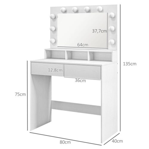 Vitt sminkbord med LED Hollywood-spegel och justerbar belysning