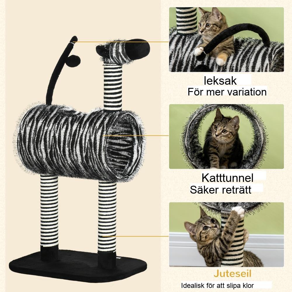 Zebra Design Cat Tree med skrapstolpar och tunnel, 93 cm hög