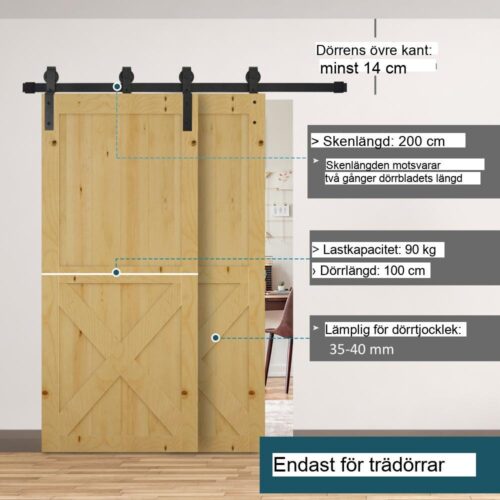 Svart industriell skjutbar ladugårdsdörr hårdvara, stöder 90 kg, inkluderar skenor och tillbehör