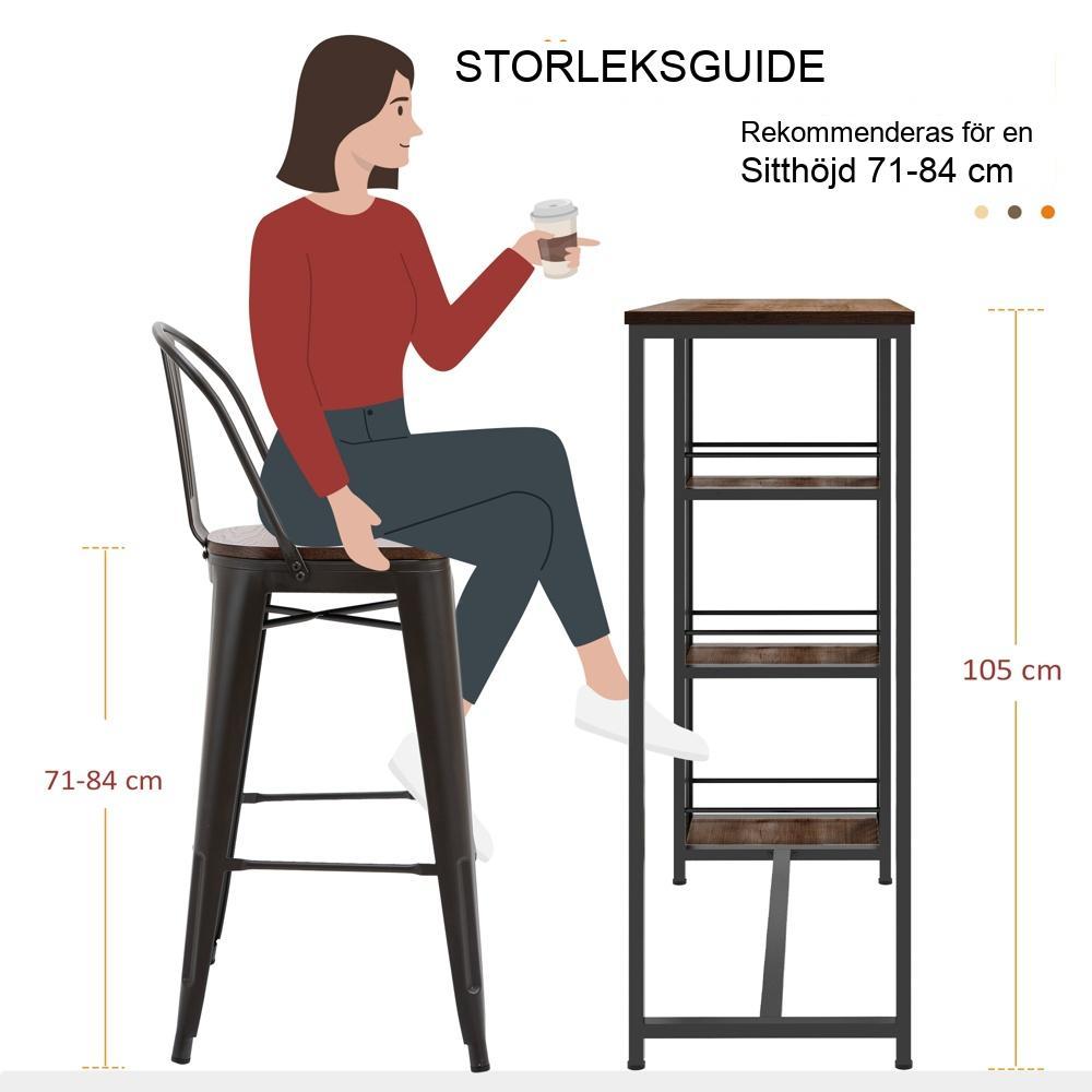 Industriellt barbord med 3 hyllor, trälook och stålram – brun, 120cm