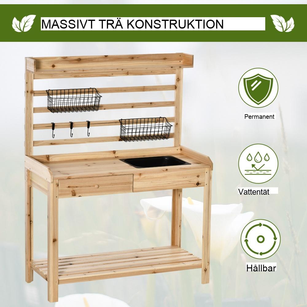 Växtbord av naturligt trä med diskho, förvaring och krokar