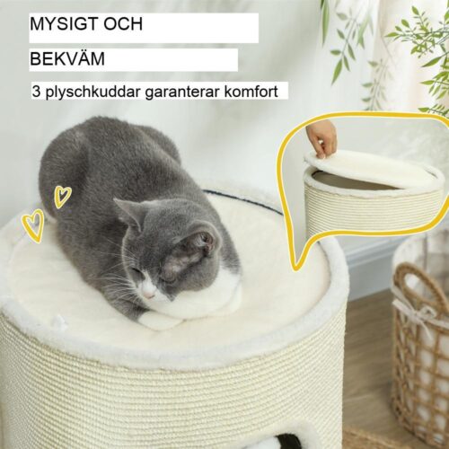 Creme White Cat Barrel Tower med 2 grottor, skrapstolpar och lekbollar (upp till 5 kg)