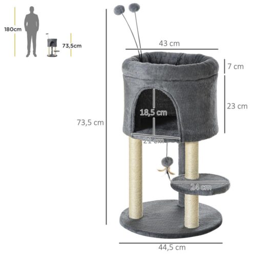 Stor 3-nivå kattskrapstolpe med grotta, bollar och sisalstolpar 73,5 cm höga