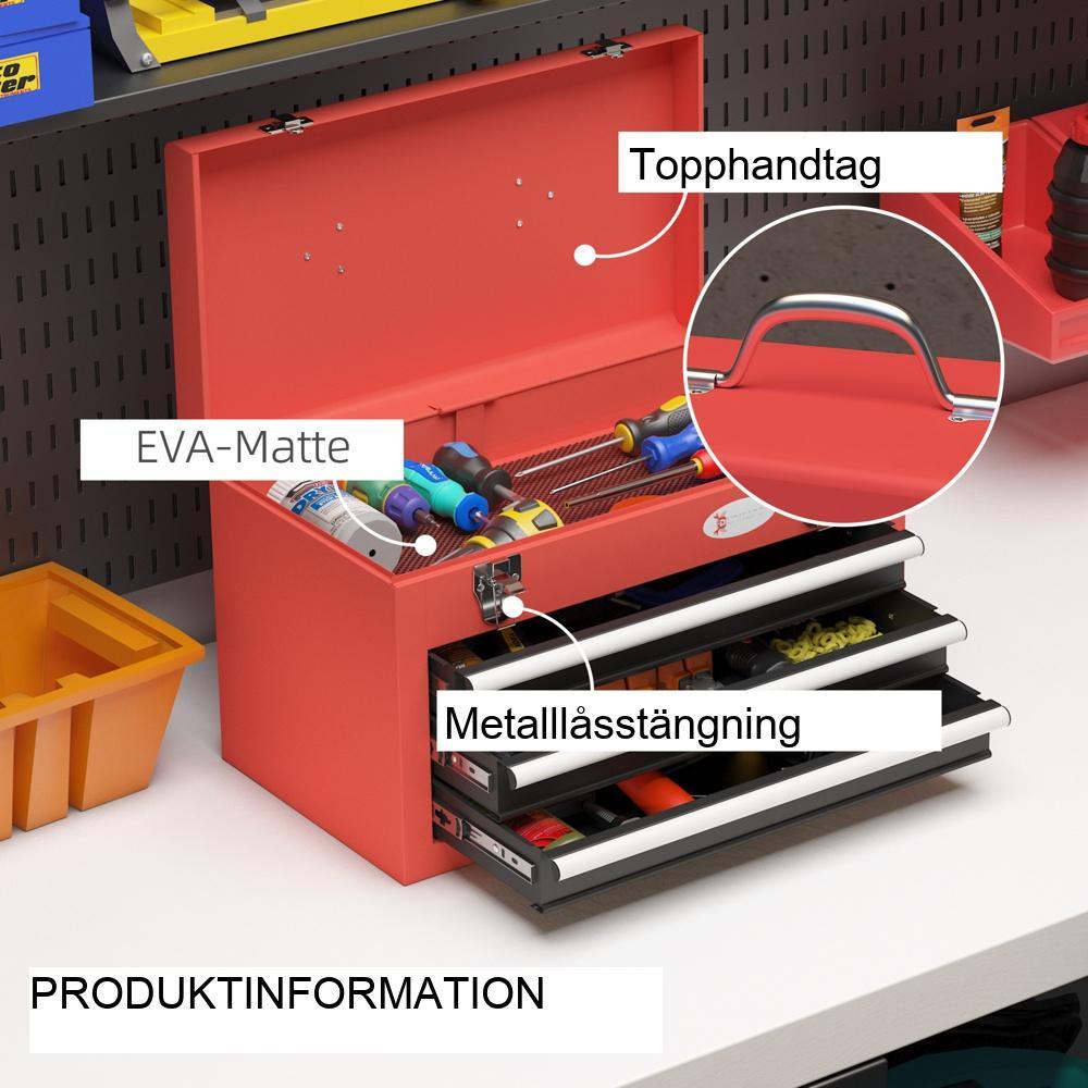 Kraftig verktygslåda i stål med 3 lådor, toppförvaring och lås </