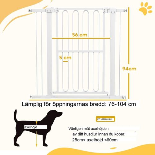 Hundskyddsgrind i vit stål, Justerbar 76-104cm, Ingen borrning, Låsbar