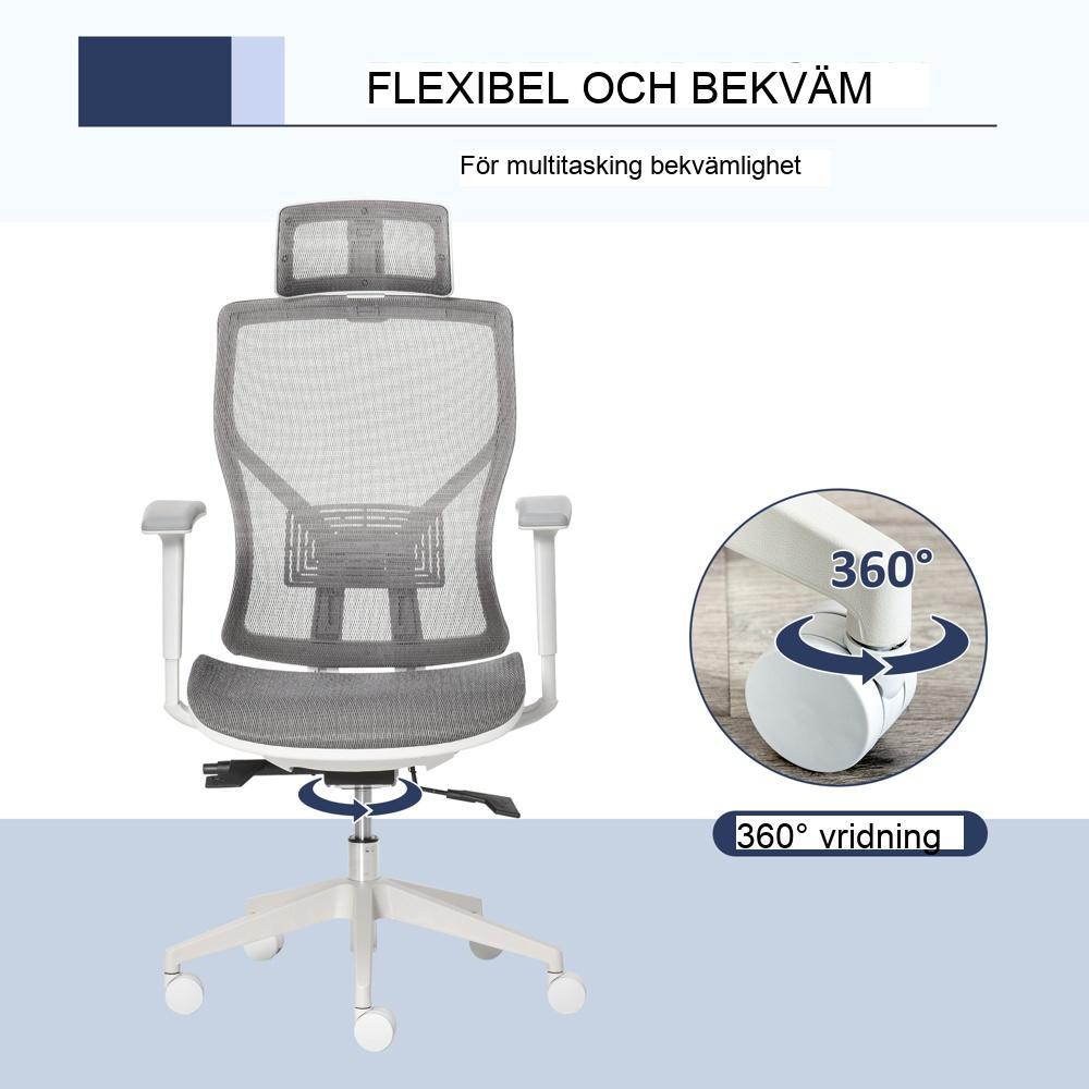 Ergonomisk kontorsstol med justerbart nackstöd och armstöd – Grå