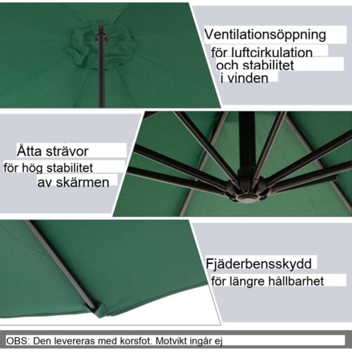 Grönt fribärande parasoll med vev, 2,95 m skärm för trädgård och terrass