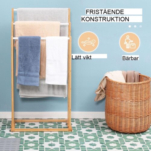 Naturlig bambu fristående handduksställ – 3-våningsdesign, rymmer 3 kg