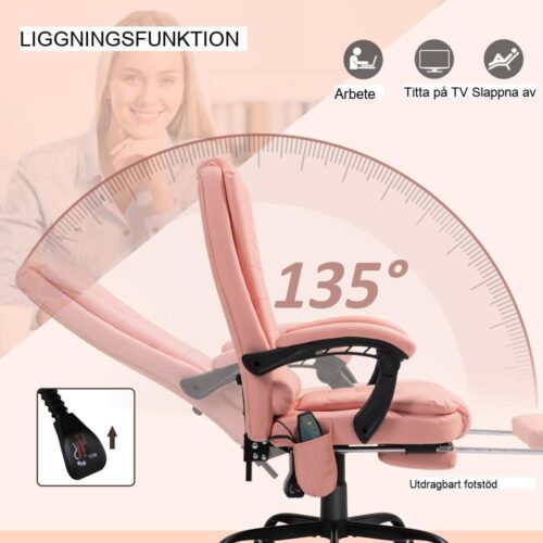 Rosa ergonomisk kontorsstol med 7-punkts massage och liggfunktion