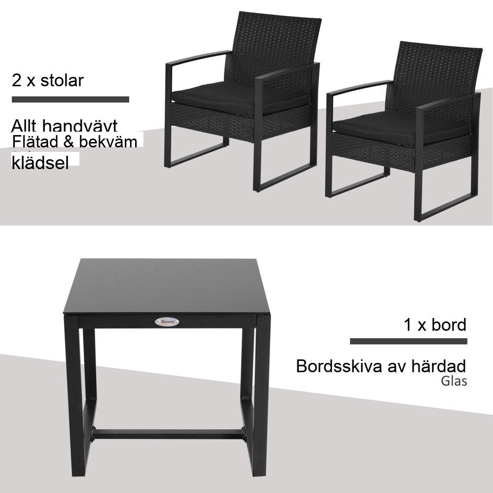 Svart polyrattan trädgårdsset med kuddar – 2 personers balkongmöbler – väderbeständig och modern