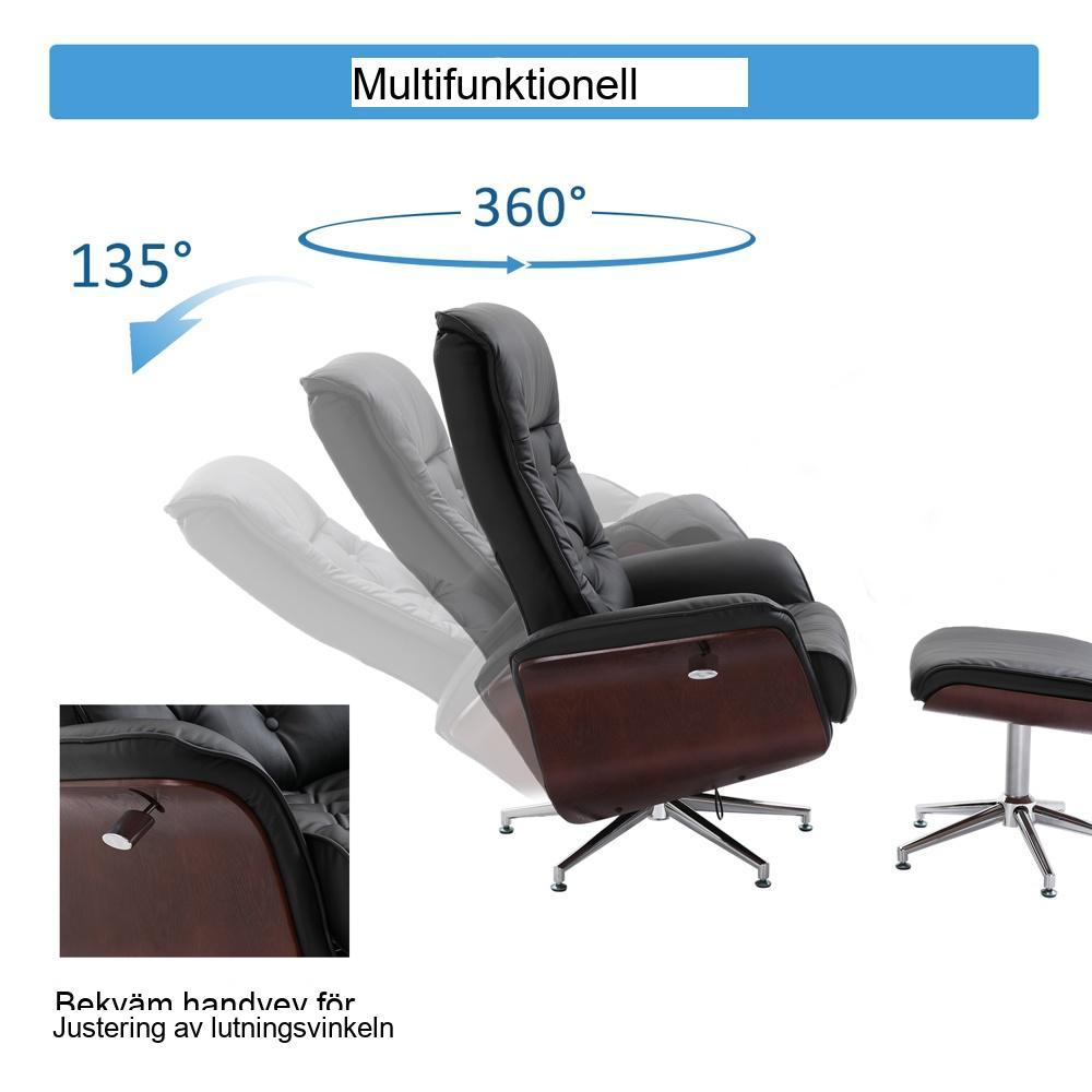 Chesterfield vilstol med fotpall, 360° vridbar, 145° lutning