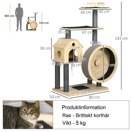 Kattträd på flera nivåer med träningshjul, sisal-skrapstolpar och mysig grotta 80x50x143cm