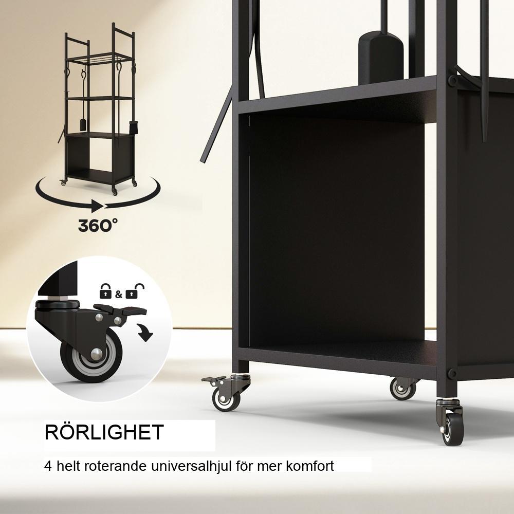Vedställ i svart metall med hjul, 4 hyllor, upp till 60 kg kapacitet