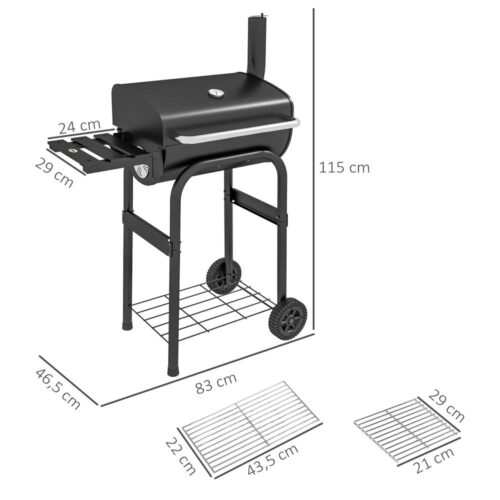 Kolgrill med lock, hyllor, hjul och termometer