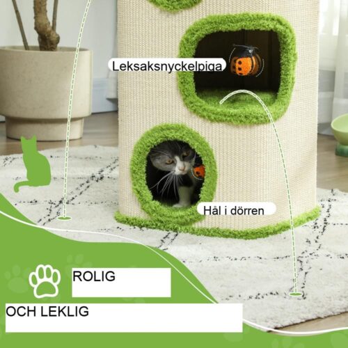 Green+Cream Cat Scratching Barrel Tower med 3 grottor och leksaker