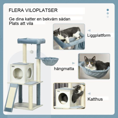 Blått 114 cm kattträd med skrapstolpar, hängmatta och lekboll