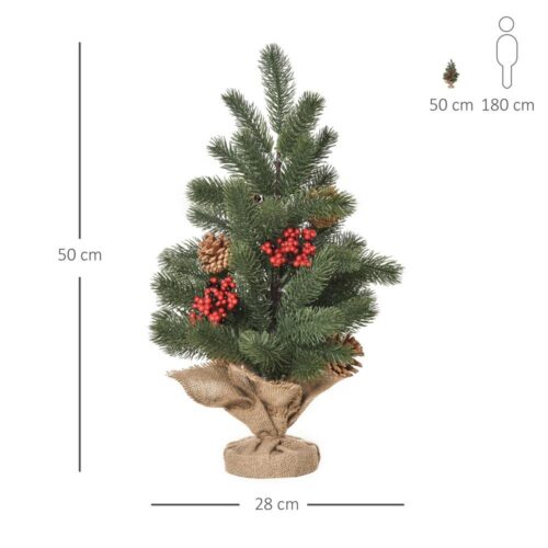 50cm konstgjord gran julgran med bär och kottar, stabil bas