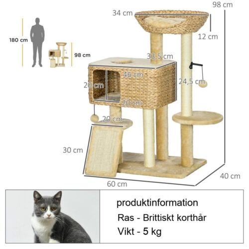 Beige 98 cm kattträd med skrapstolpar, hängmatta och leksaker (upp till 6 kg)