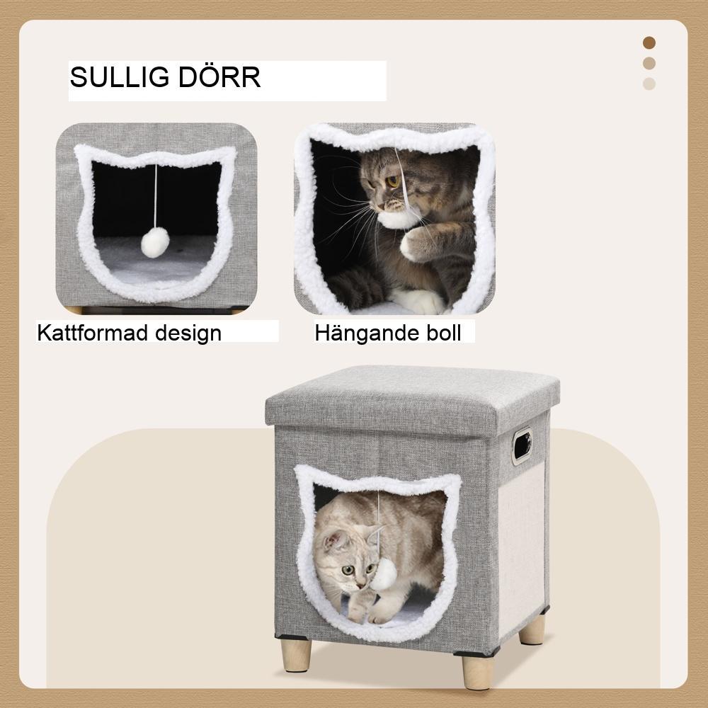 Grey Cat Cave Ottoman: Plyschkudde, skrapmatta och lekboll