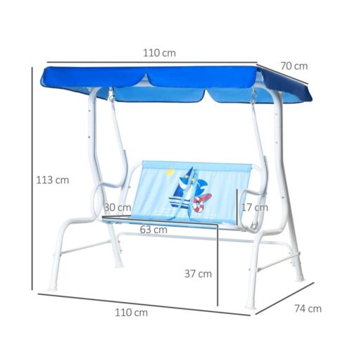 Metallblå trädgårdsgunga för barn med justerbart taklucka, 2-sits